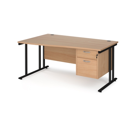 Left Hand Wave Desk Cantilever Leg with 2 Drawer Fixed Ped Beech Black